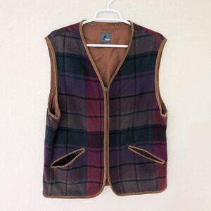 Vintage Liz Wear Plaid Autumn Fall Wool Vest with Pockets Suede Leather Trim
